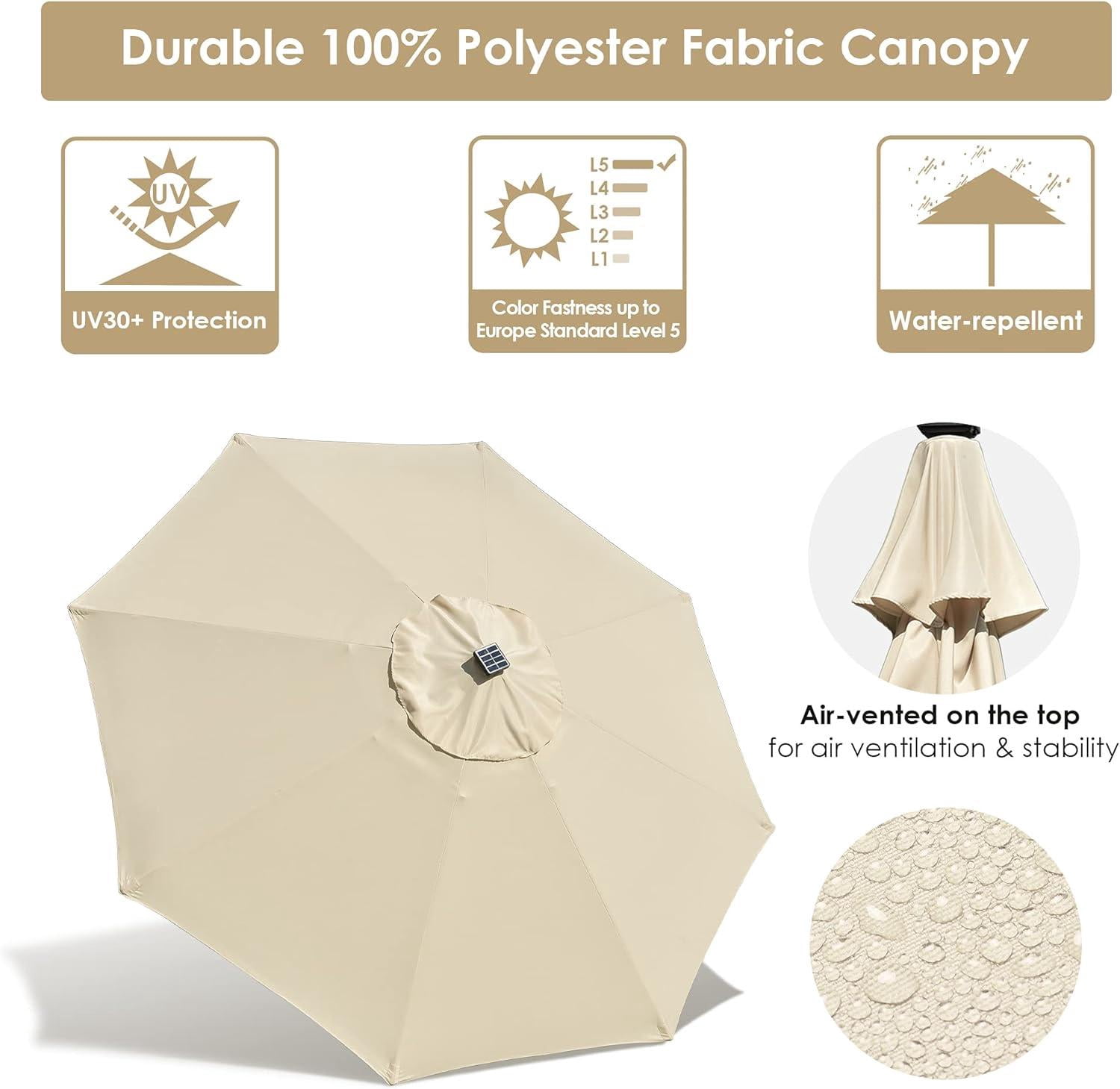 9ft Prelit Umbrella 3-Tiered Patio Umbrella with Lights, Khaki