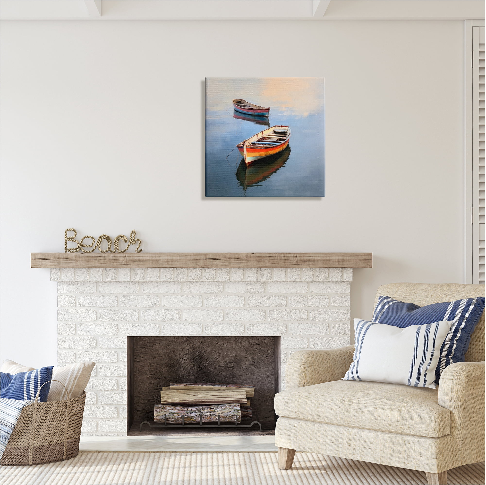 Stupell Industries Striped Boats in Lake Transportation Painting Gallery Wrapped Canvas Art Print Wall Art, 24 x 24