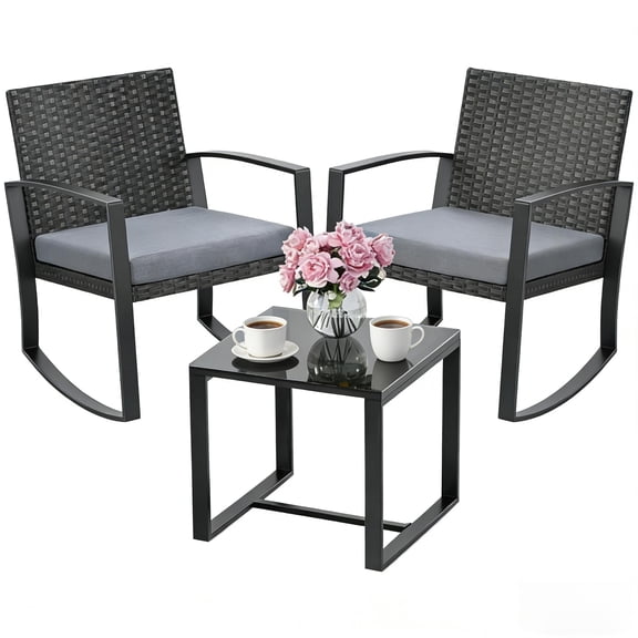 Noelse 3 Piece Patio Furniture Set, Wicker Rocking Chair Set with Table and Cushions for Patio,Balcony,Porch, Gray