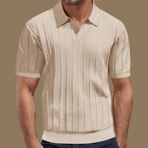 Dolkfu Beige Graphic Tees Men Crew Neck Short Sleeve Striped Tops Minimalist Striped Polos Men'S Shirts