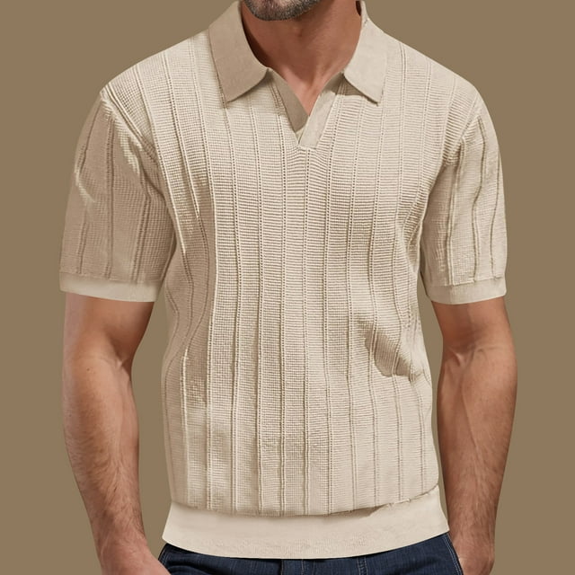 pstuiky Camisa de manga corta para hombre, Camiseta de punto a rayas con agujeros y malla para hombre, manga corta, cuello en V, color liso camisas casuales para hombre s