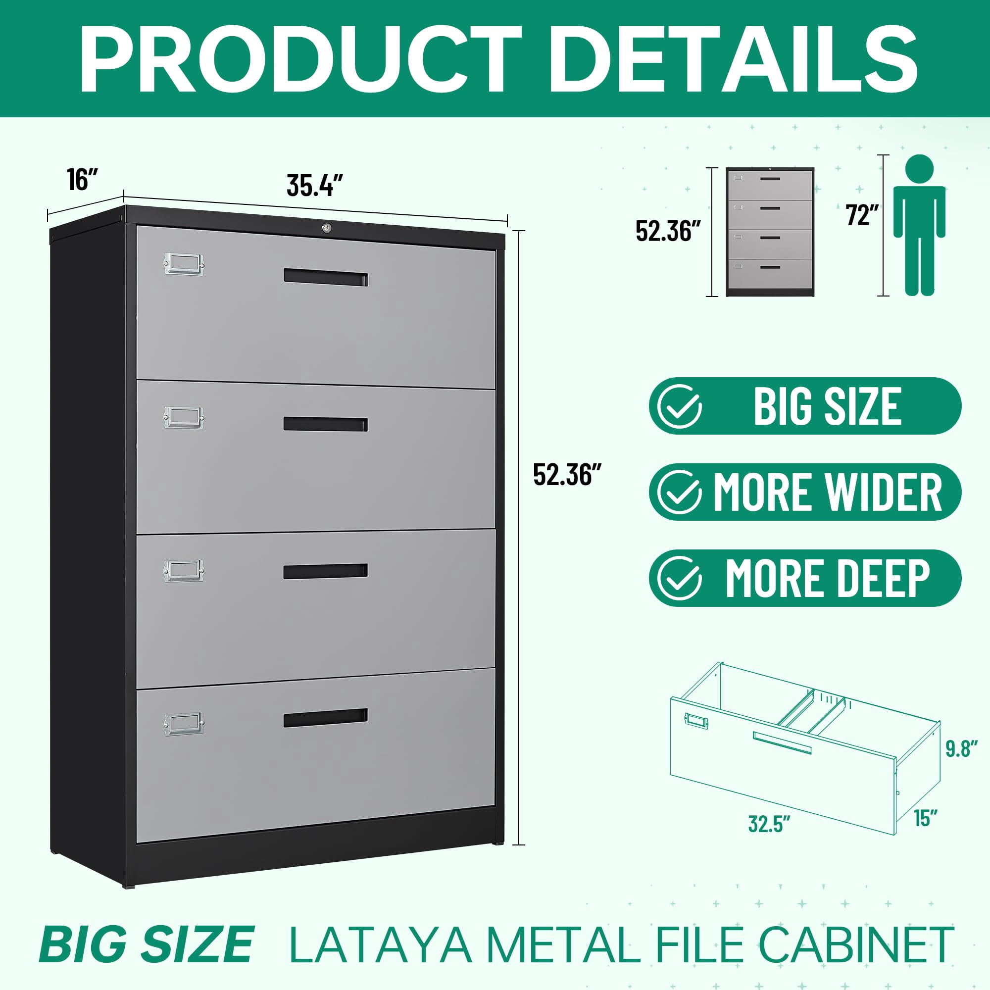 Fesbos File Cabinet with Lock-Lateral 4 Drawer Metal Filing Cabinets-Organization Storage Cabinets for Home Office-Hanging Letter/Legal/F4/A4 Size
