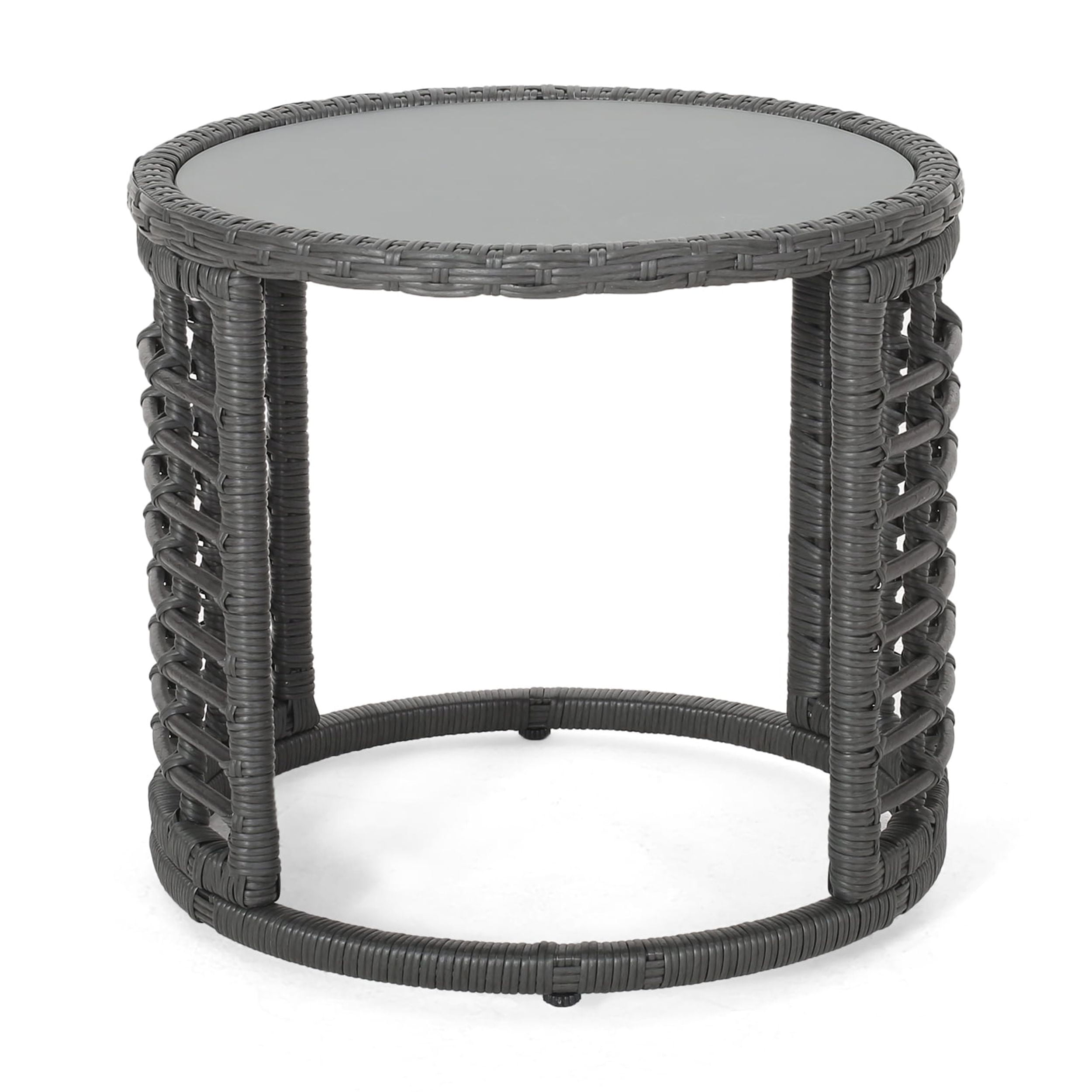 Euroco Modern Boho Round Side Table with Tempered Glass Top, Handwoven PE Rattan and Steel Frame, Indoor Accent Table