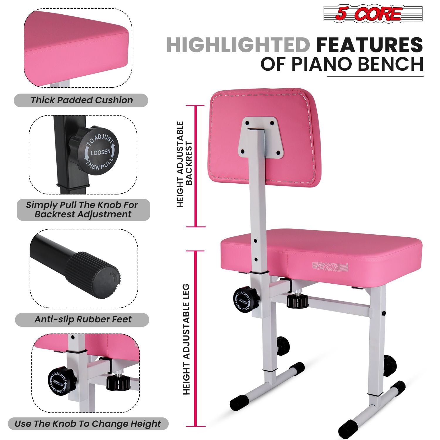 Heavy-Duty Adjustable Piano Bench with Thick Padded Seat & Backrest – 445lb Capacity, Non-Slip Base for Keyboard, Adults & Kids