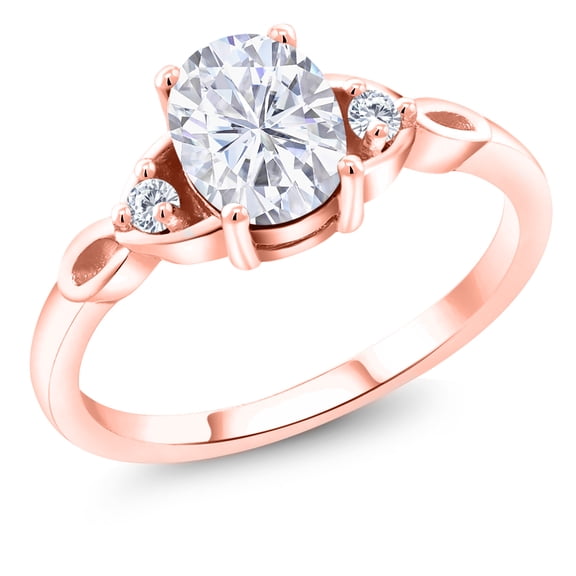 Gem Stone King 18K Rose Gold Plated Silver White Moissanite and White Lab Grown Diamond 3-Stone Rings for Women (1.58 Cttw, Gemstone, Oval 8X6MM, Available in Size 5, 6, 7, 8, 9)