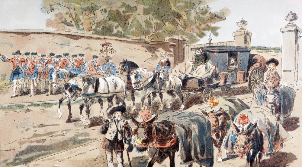 A Post-Chaise Entering A Walled Compound And Passing Between A Band And A Donkey Train 18Th Century After A Watercolour By A Heins From Cortege Historique Des Moyens De Transport Published Brussels 18