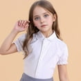 thumbnail image 2 of FYDUU Girls Short Sleeve Button Down Shirts School Uniform Tops Peter Pan Collar Blouse Solid Color Stylish Kids Big Girls Performance Outfit Fall Warm Clothes, 2 of 4