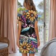 thumbnail image 3 of SEANATIVE Nightgowns for Women Button Front Short Sleeve Nightshirt Lightweight Sleepshirt Nightdress Soft Sleepwear Mid-thigh Length House Dress, XS, Boho Flower Hummingbird, 3 of 7