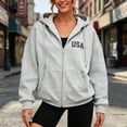thumbnail image 2 of Womens Hoodie USA Letter Print Full Zip Up Sweatshirt Oversize Tops Long Sleeve Hooded Jacket with Pockets Solid Color Plus Size Coat Clothes, 2 of 4