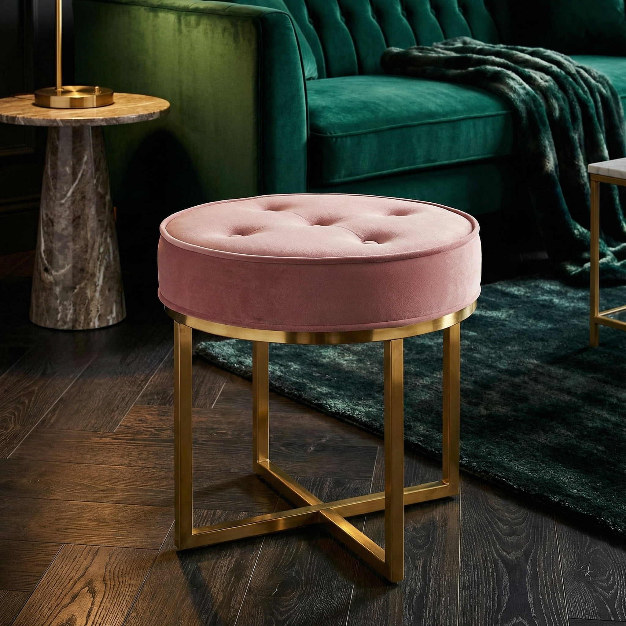 Cortesi Home Rosa Round Ottoman, Blush Pink Velvet with Brushed Gold Stainless Steel