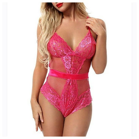 

BIZIZA Women Teddy Bodysuit Babydoll One Piece V Neck Lace Sexy Lingerie Hot Pink S