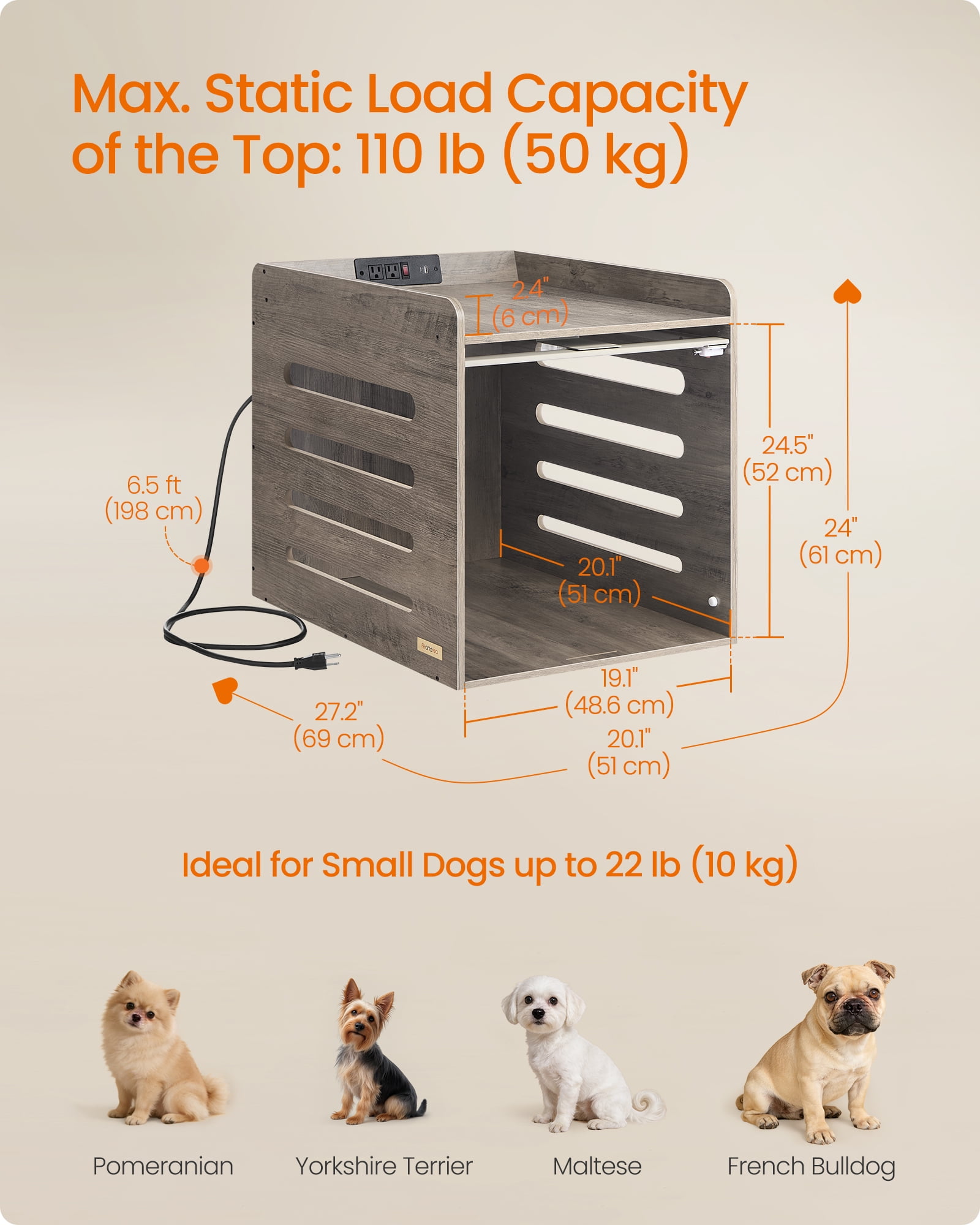 Feandrea Modern Dog Crate Furniture with Charging Station, Kennel Indoor with Flip-up Hidden Acrylic Door, for Small Dogs up to 22 lb, Side End Table, Heather Greige