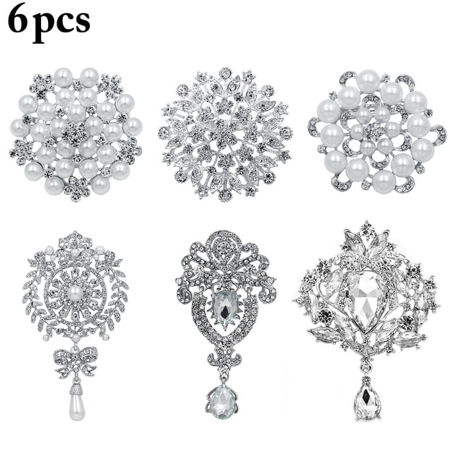 6PCS Brooch Pin Pearl Rhinestone Decor Water Drop Crystal Brooch Corsage Brooch Pin for Wedding