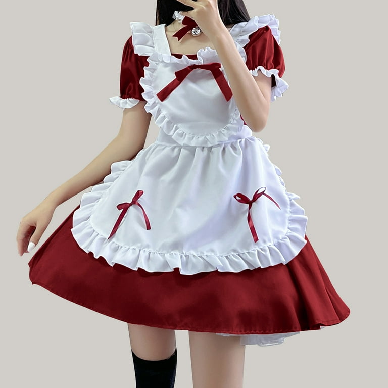 Women s Costume French Apron Maid Fancy Dress Lovely Lolita Bow Outfit Halloween Maid Dresses Anime Clothes Ruffle Short Sleeved Collar Cute Lace