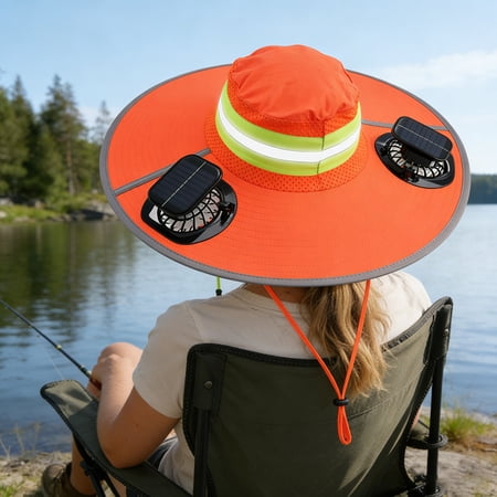 XINGXIANG Men Sun Hat with 2 Solar Fans Wide Brim Reflection Outdoor Fishing Hat Solar Powered Sun Protection Camping Hiking Summer Hats for Women(Orange)