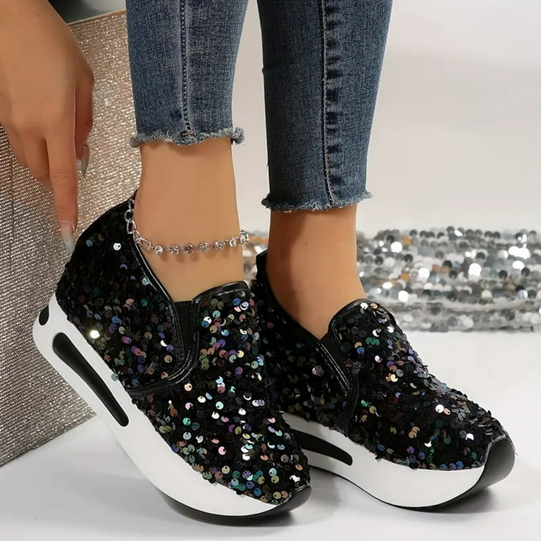 YUHAOTIN Black High Heels for Women Low Heel Sequins Platform Sneakers Casual Low Top Slip On Wedge Sports Shoes Fashion Walking Trainers High Heel