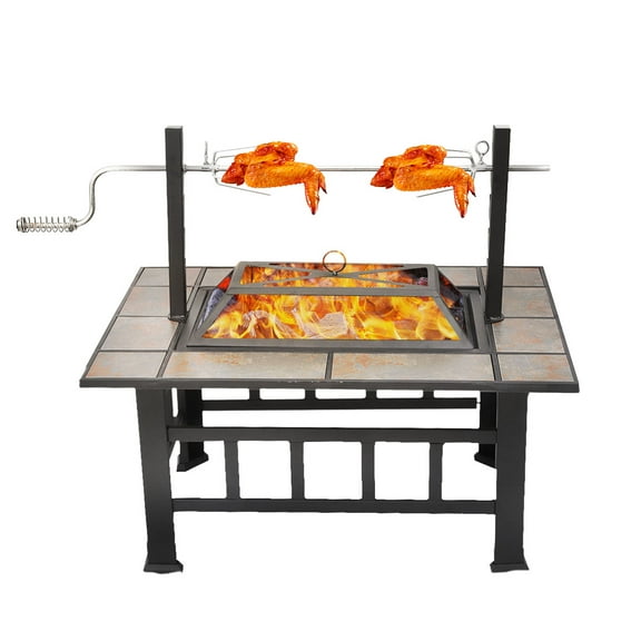 37inch Fire Pits Table for Outside with Grill Outdoor Metal Firepit Square Backyard Patio Garden Stove Wood Burning BBQ Fire Pit with Spark Screen, Log Grate, Wood Fire Poker