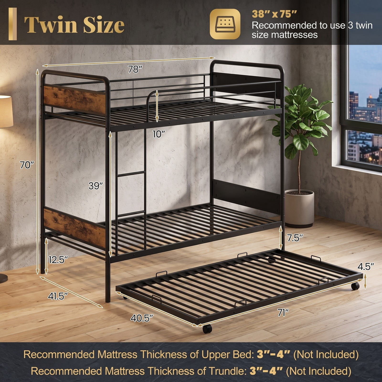 Furnibear Twin Over Twin Metal Bunk Bed with Pull-out Trundle Ladder and Guardrails for Kids Guest Rooms and Dorms, Black