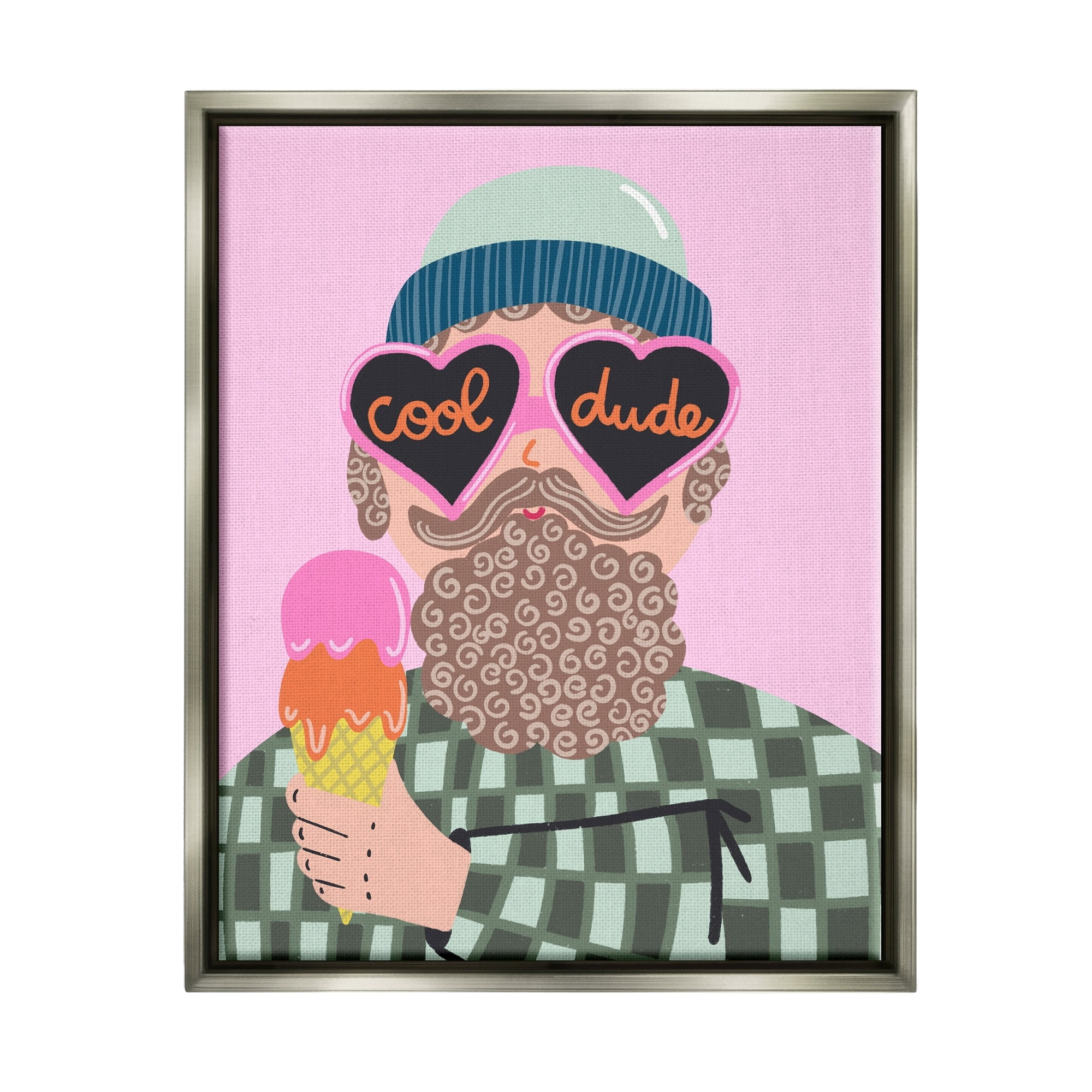 Stupell Industries Cool Dude Whimsical Man Checkered Pattern Ice Cream Graphic Art Luster Gray Floating Framed Canvas Print Wall Art, Design by Dominika Godette
