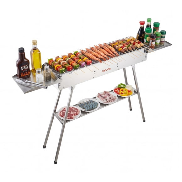 VEVOR Foldable Charcoal Grill, 250 sq.in. Portable Charcoal Barbecue Grill with Liftable Charcoal Tray & Side Tables, Brushed Stainless Steel BBQ Cooking Grills for Outdoor Camping Backyard Parties