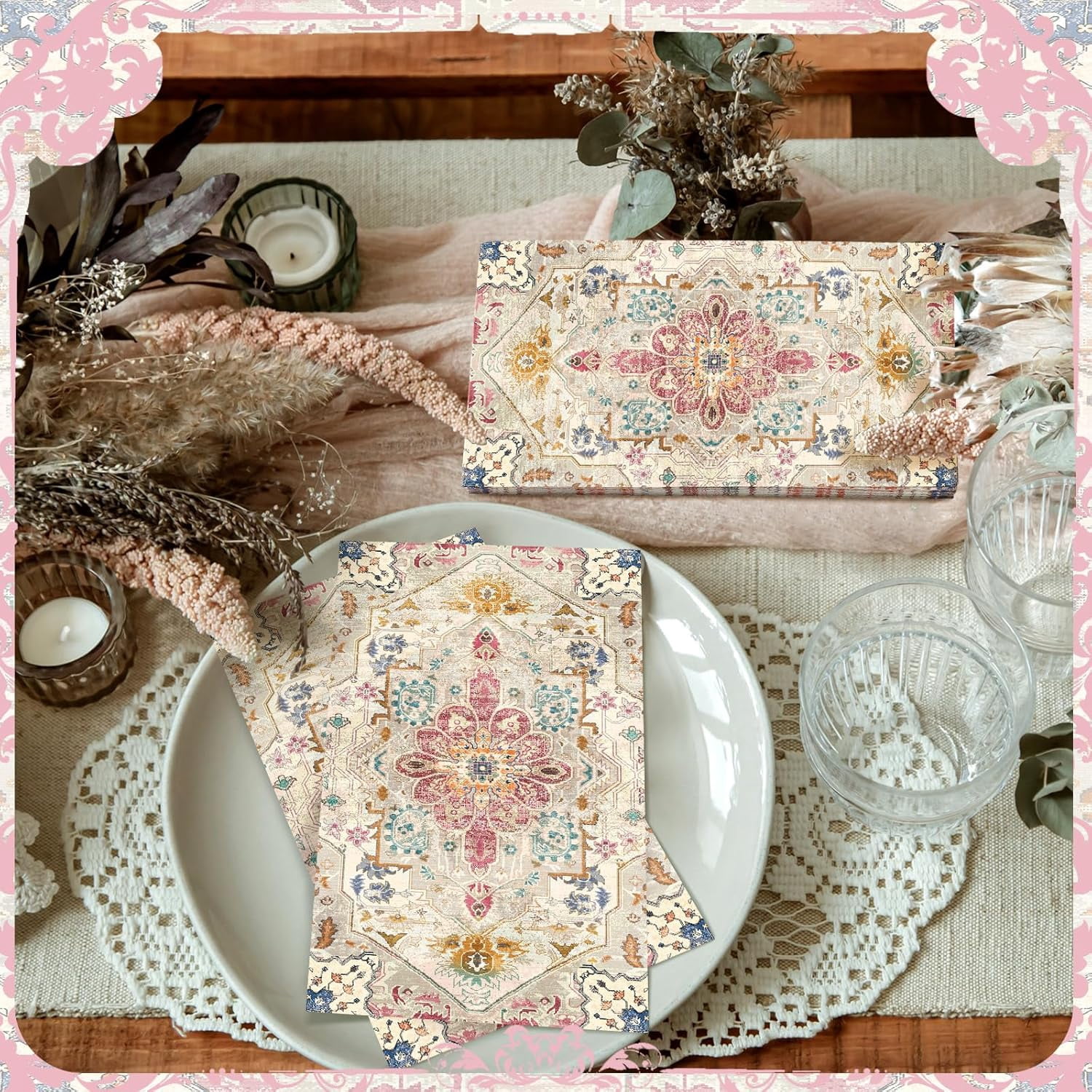 100 Pcs Vintage Boho Napkins Paper Guest Towels 2 Ply Decoupage Napkins Disposable Decorative Hand Towel for Bathroom Kitchen Wedding Party Dinner(Multicolor)