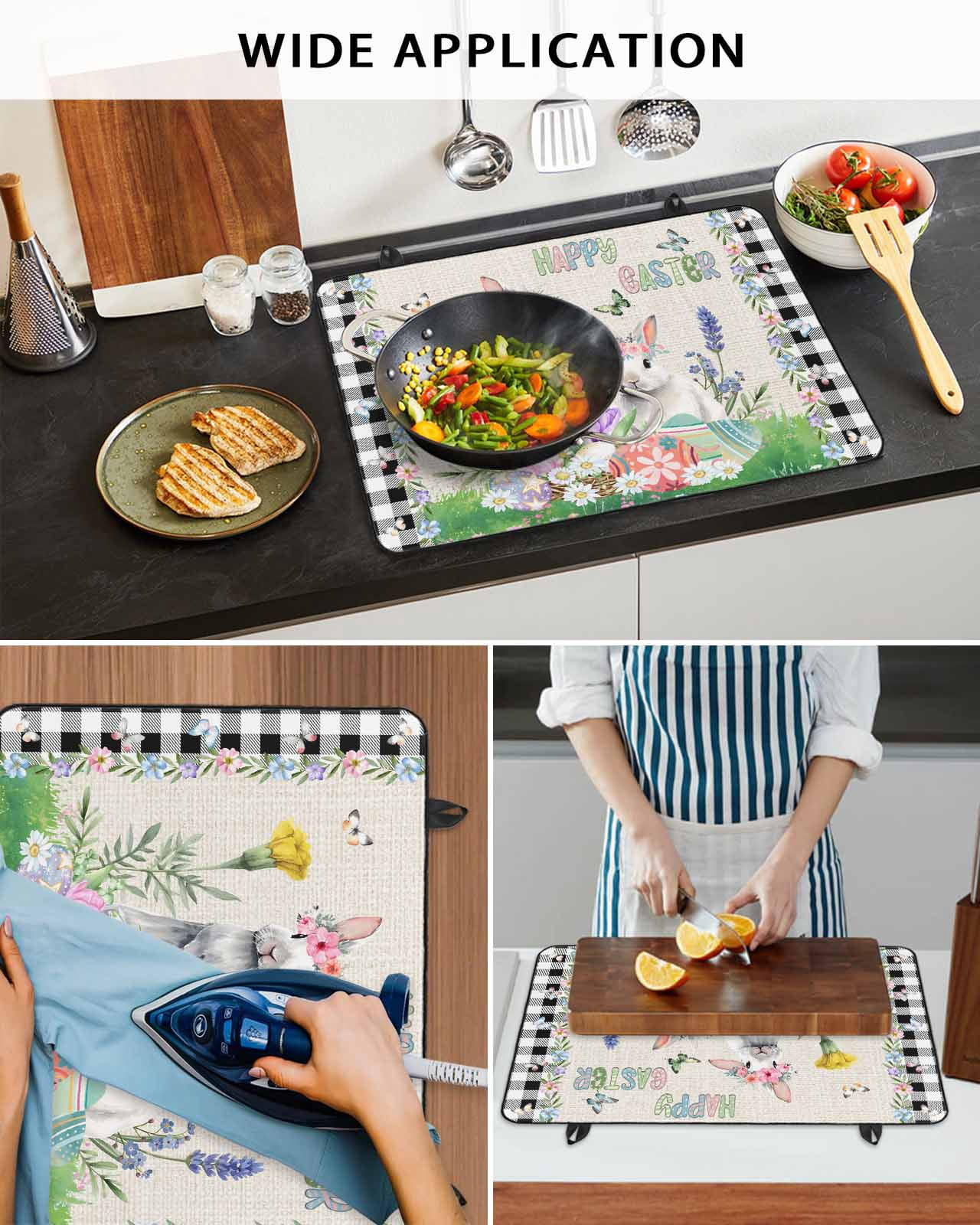 Large Induction Cooktop Protector Mat Easter Stove Top Covers for Electric Stove, Country Rabbits Eggs Floral Leaves Butterfly Plaid Decorative Stove Burner Cover Mats, Glass Top Stove Cover