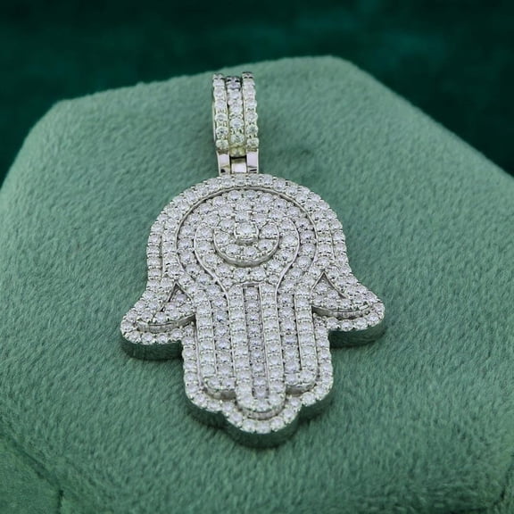 5Ct Round Cut Real Moissanite Diamond Hamsa Hip Hop Pendant 14K White Gold Plated