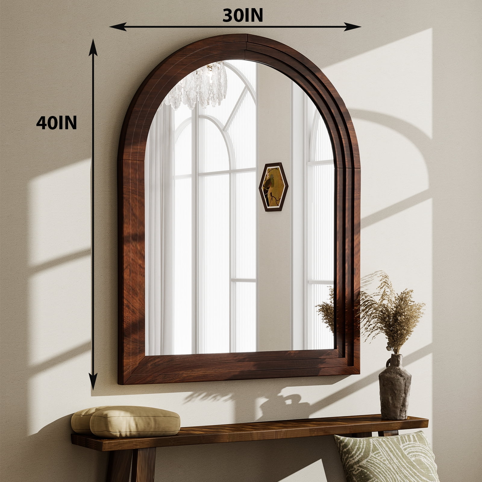 Easy4Home 40"x30" Arched Bathroom Mirror with Wooden Frame Decorative Wall Mounted Mirror, Brown