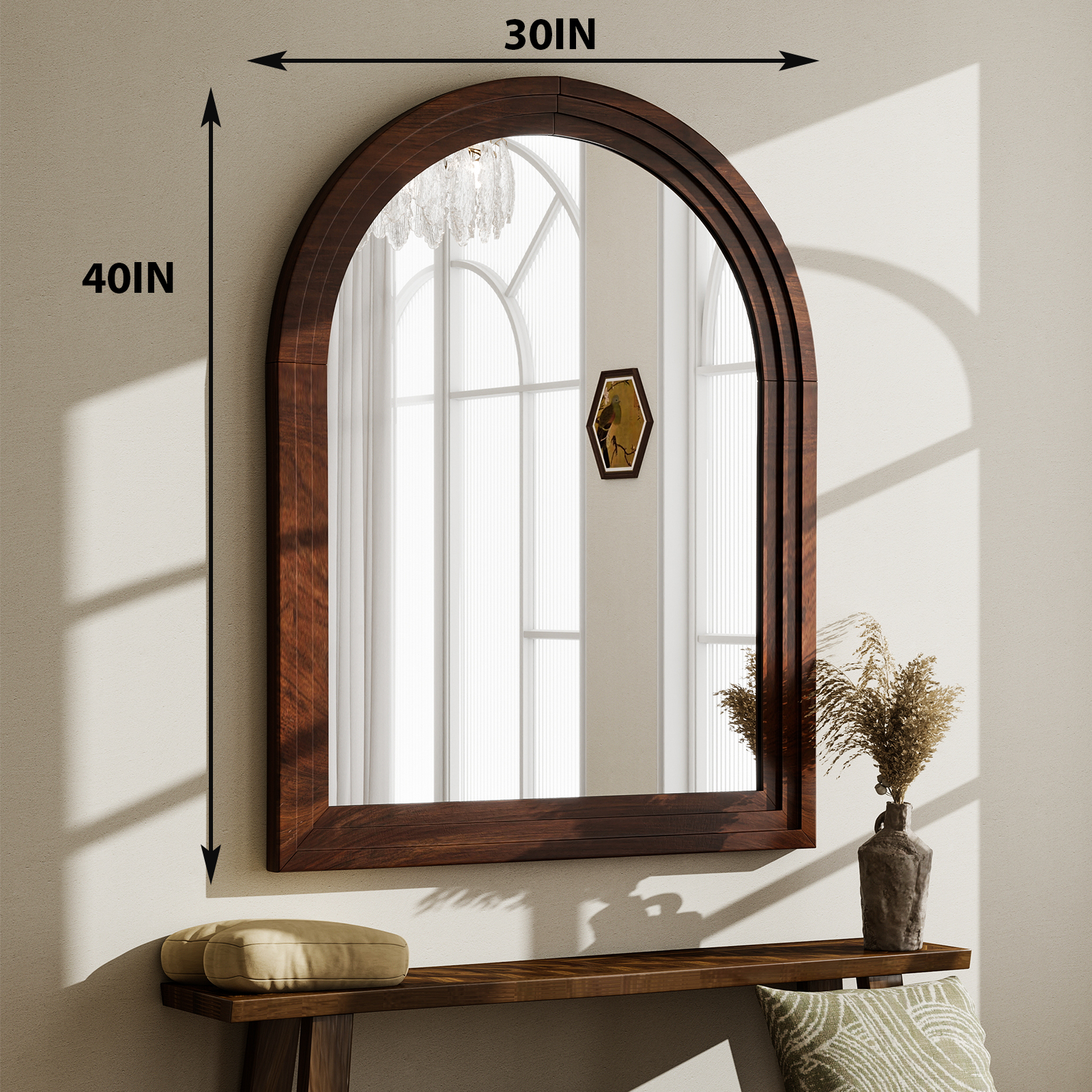 BeautyPeak 40" x 30" Arched Wooden Frame Bathroom Mirror, Brown photo 5