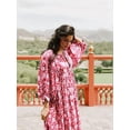 thumbnail image 5 of Womens Loose Fit Casual Summer V Neck Lace-Up Half Sleeve Bohemian Geometric Pattern Midi Dresses Red XL, 5 of 8
