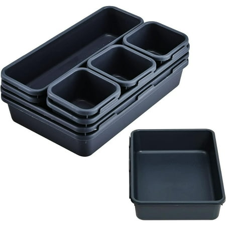 8 PCS Clear Plastic Drawer Organizers Set, 3-Size Versatile Bathroom and Vanity Drawer Organizer Trays, Storage Bins for Makeup, Bedroom, Kitchen Gadgets Utensils and Office (Black)