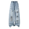 thumbnail image 3 of Xijirk Girls Pants Casual Denim Jeans Loose Wide Leg Trousers With Heavy Distressed Elastic Waist Solid Color For Summer Daily Wear,Blue,7-8 Years, 3 of 9