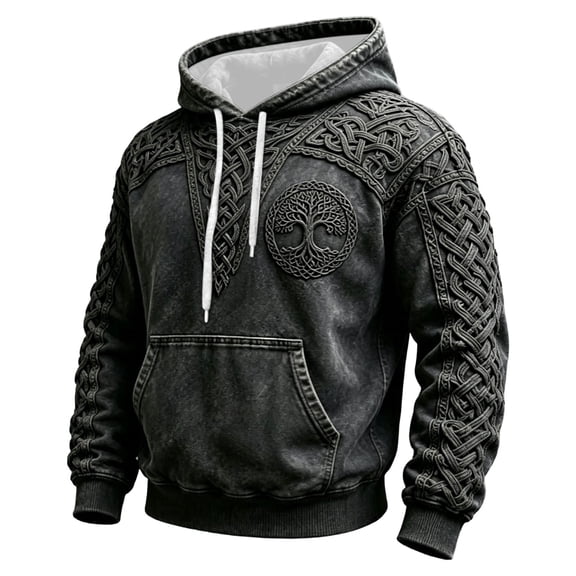 CONROSES Mens Hoodies Viking Mythology Graphic Y2K Long Sleeve Pullover Hoodie for Men Warm Fall Winter Hooded Sweatshirts with Pocket
