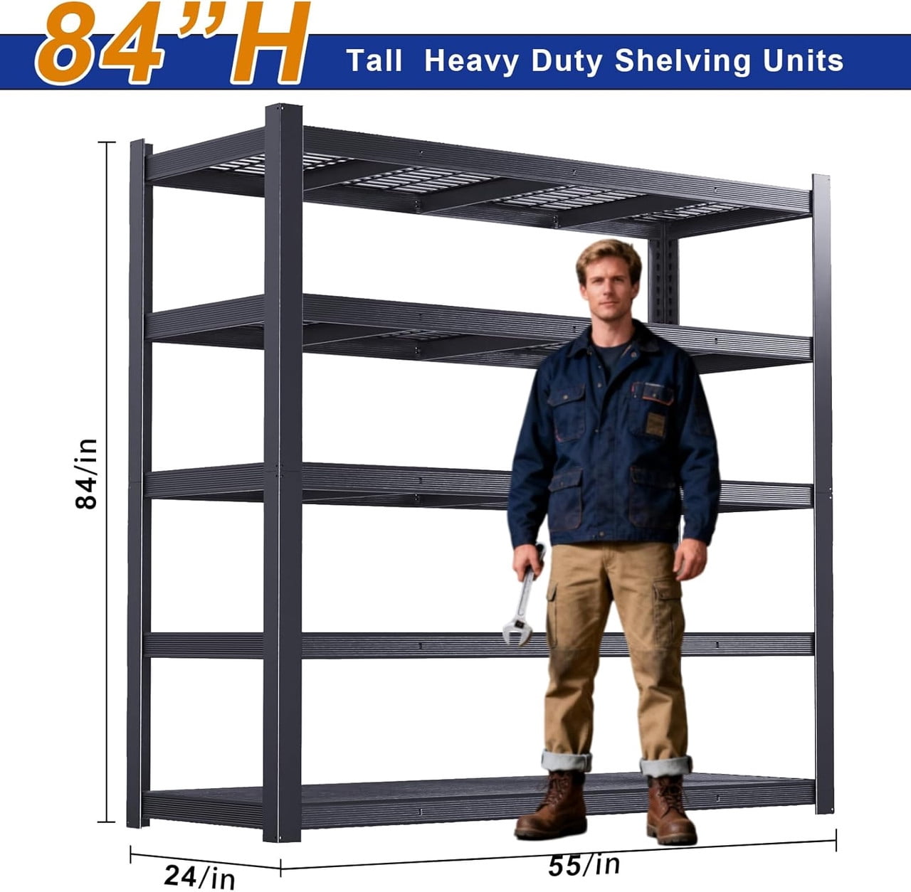 84''H Garage Shelving Unit, Black Storage Shelf, 5 Tiers Storage Kitchen Racks, Free Standing Heavy Duty Metal Adjustable Shelves