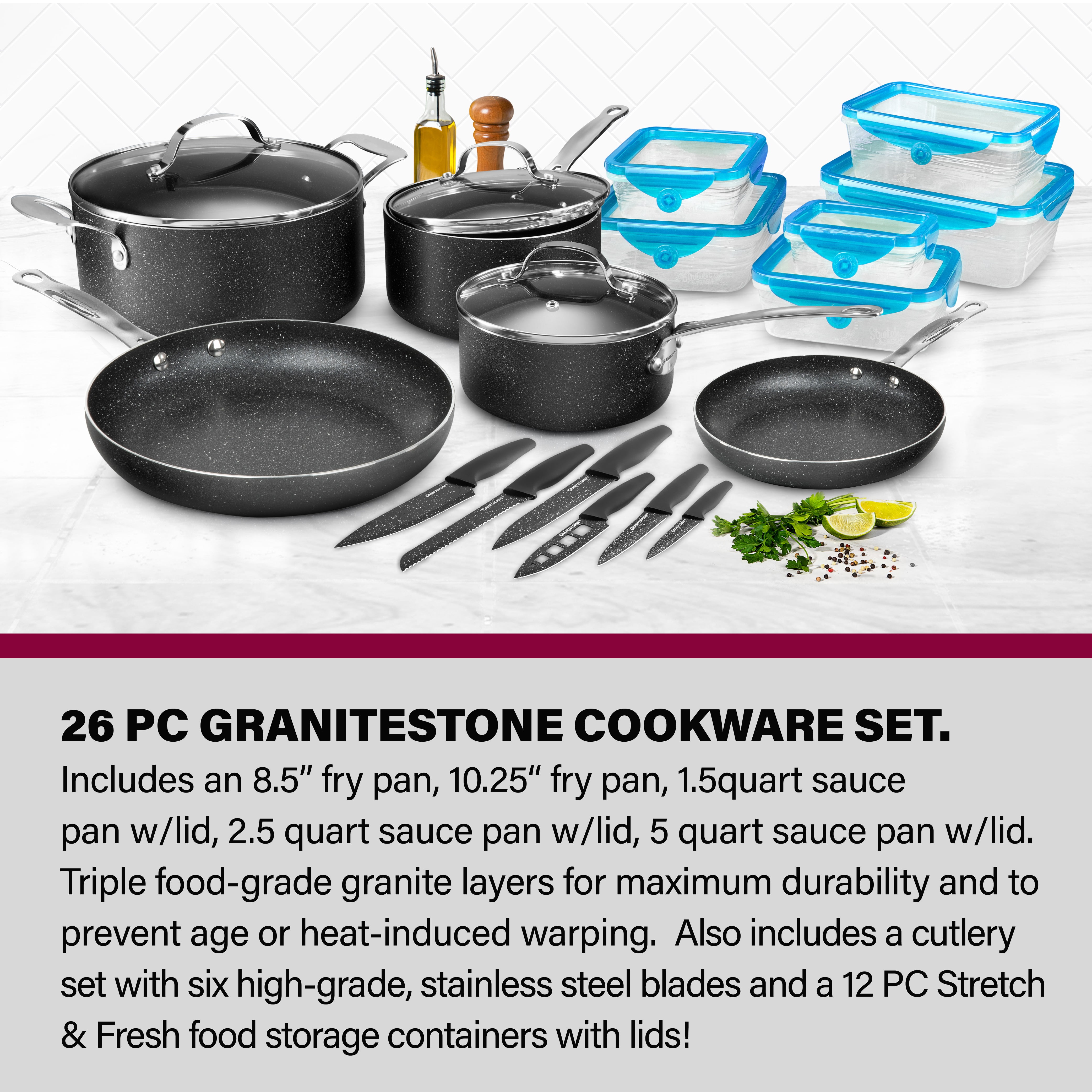 Granitestone Original 16 Pieces Set Includes 10 Pieces Stack Master Triple  Layer Nonstick Dishwasher Oven Safe Cookware 6pcs Nutriblade Knife