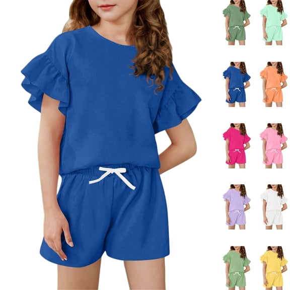 YOUYEDIAN Girls Summer 2 Piece Outfits Ruffle Sleeve T-Shirts and Shorts Sets Solid Color Tracksuits for Kids (Blue, 9-10 Years)