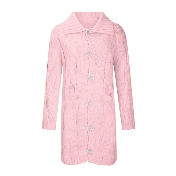 Women Hooded Open Front Cardigan Cable Knit Sweaters Solid Color Button Down Chunky Long Sweater Coats with Pocket
