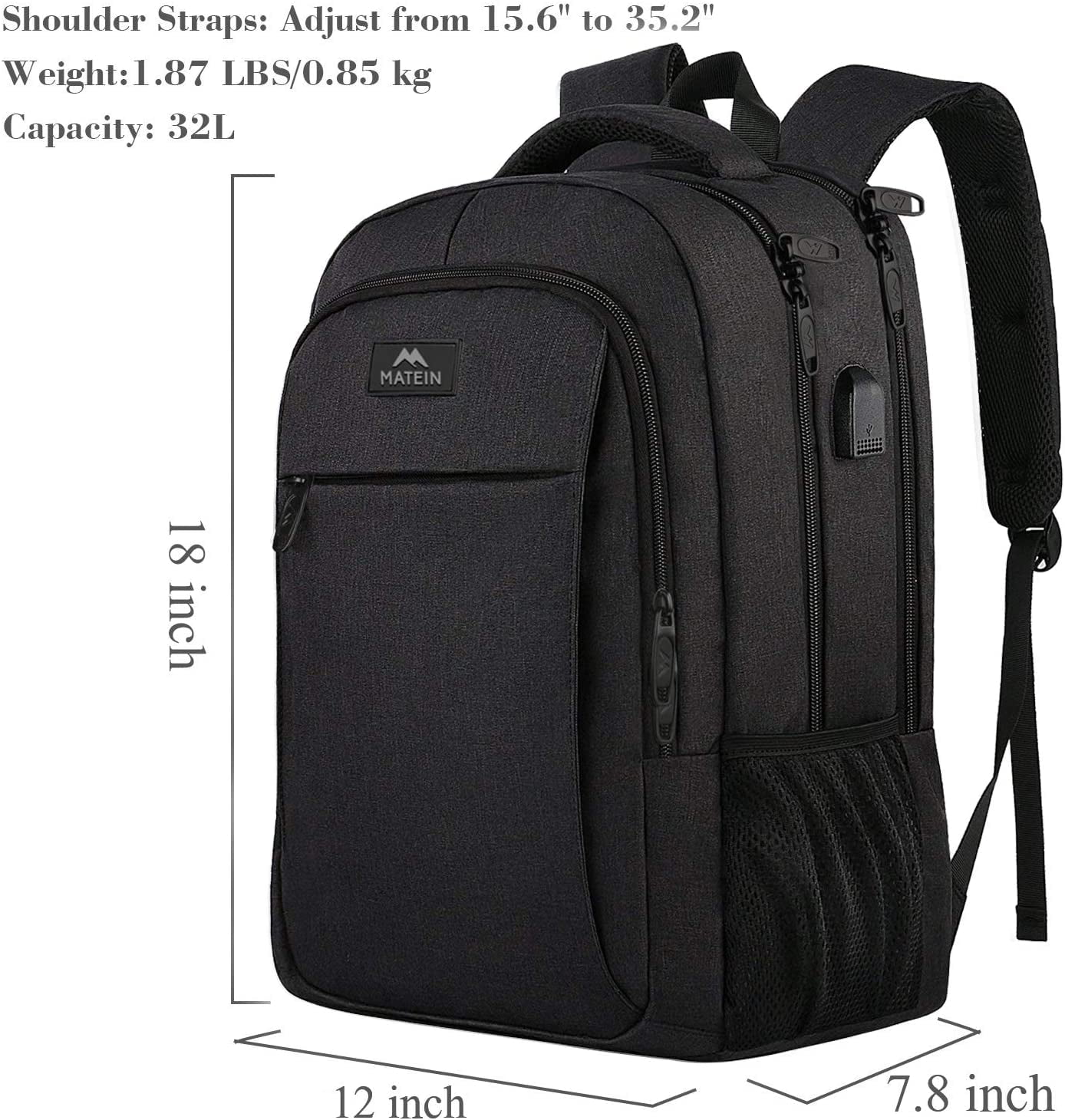 Dark grey Boys and Girls Rucksack School Backpack Grey Laptop Bookbag With USB Charging Port 18inch Men Women Travel Bag