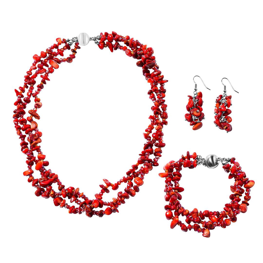 Shop LC Set Red Coral Beaded Bracelet Earrings for Women Necklace 8'-20'