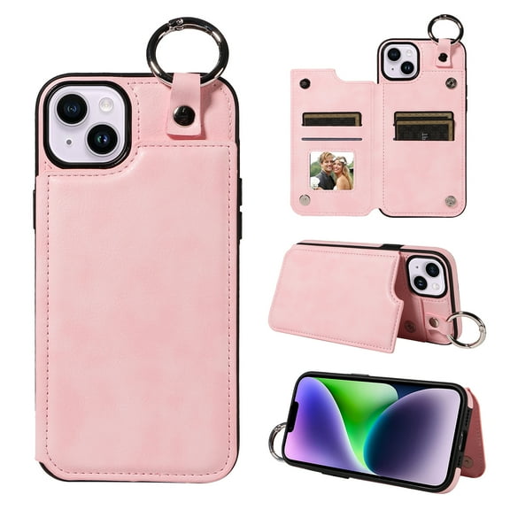 Nalacover for iPhone 14 Wallet Case with Card Slots & Metal Finger Ring, Durable PU Leather Back Double Magnetic Botton Flip Kickstand Purse Shockproof Phone Case,Rosegold