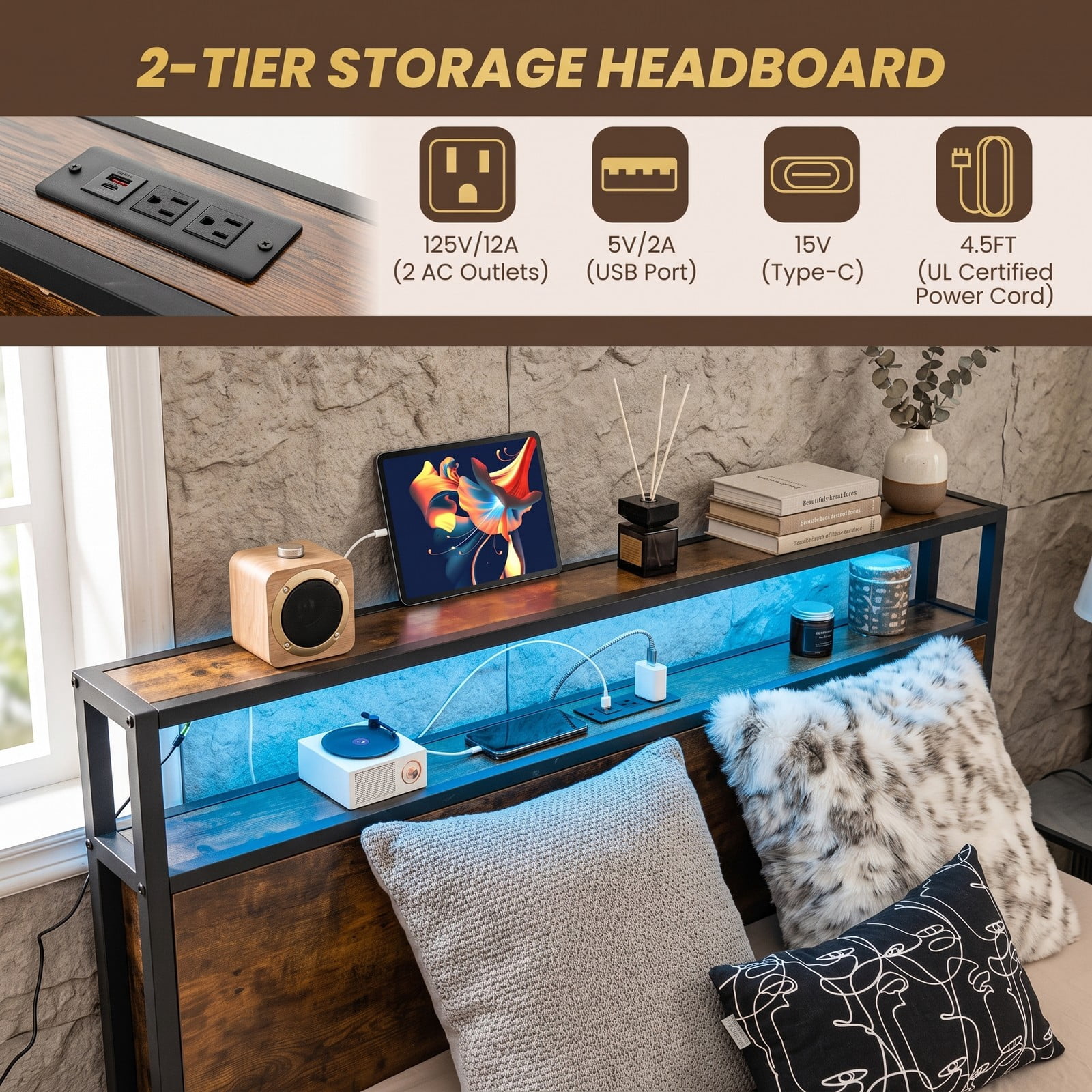 Furnibear Queen Size Bed Frame with Storage, LED Lights and 4 Drawers, Metal Platform Bed Frame with Charging Station and Headboard, Rustic Brown
