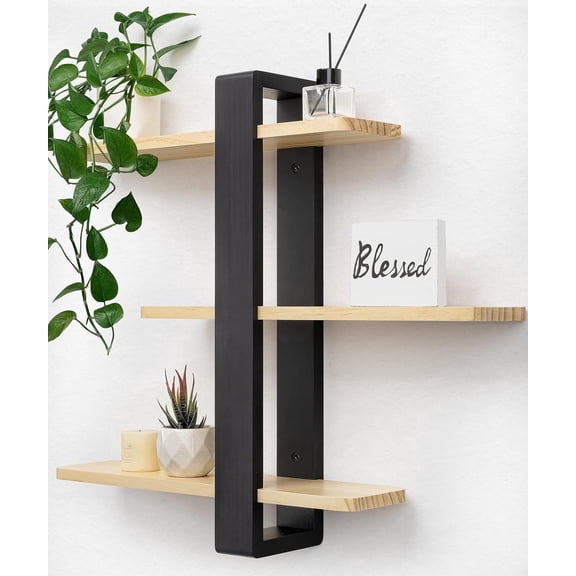 Gronda Adjustable Floating Shelves for Wall 3 Tier Wood Shelf for Bathroom, Bedroom, Living Room, Easy Install, Nature Black Decor Storage Shelf, 20in