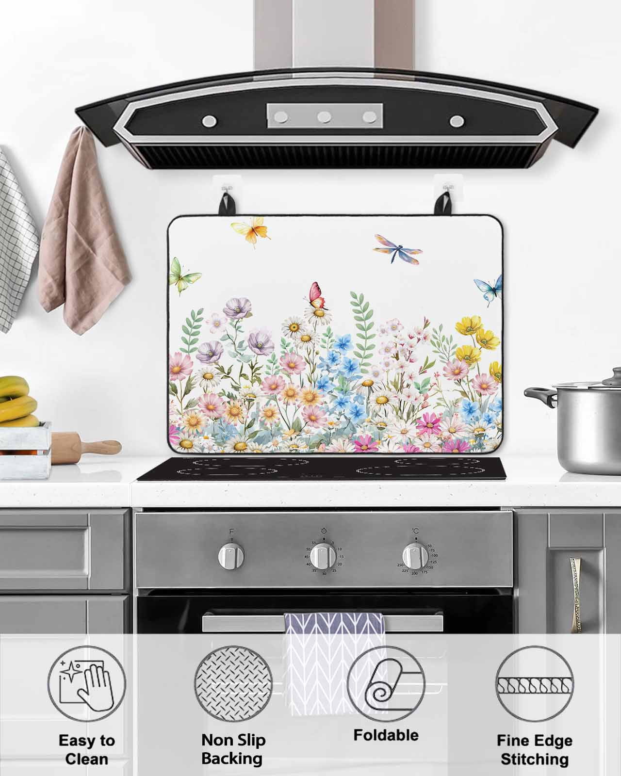 Large Induction Cooktop Protector Mat Wildflowers Stove Top Covers for Electric Stove, Farmhouse Country Dragonfly Butterfly Floral Decorative Stove Burner Cover Mats, Glass Top Stove Cover