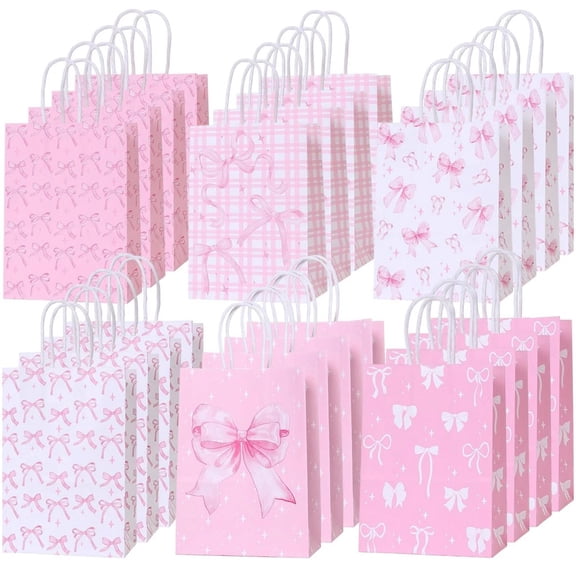 24 Pcs Pink Bow Paper Gift Bags, Coquette Goodie Bags with Handles, Cute Candy Treat Storage for Wedding Birthday Holiday Engagement Baby Shower Party Favors Supplies
