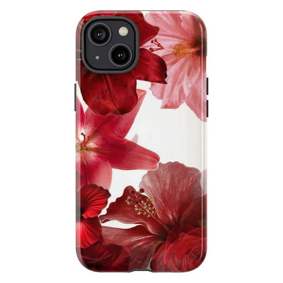 Elegant Floral Phone Case, Red Hibiscus & Lily Botanical Design Protective Cover for iPhone 16 15 14 13 12 11 Pro Max Plus Mini