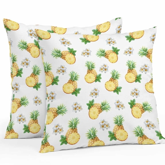 Outdoor Waterproof Pillow Covers Pack of 2, Pineapple Summer Yellow Fruit Watercolor White Floral Decorative Throw Pillowcases Cushion Covers for Garden Patio Tent Sofa Couch, 16x16 inch