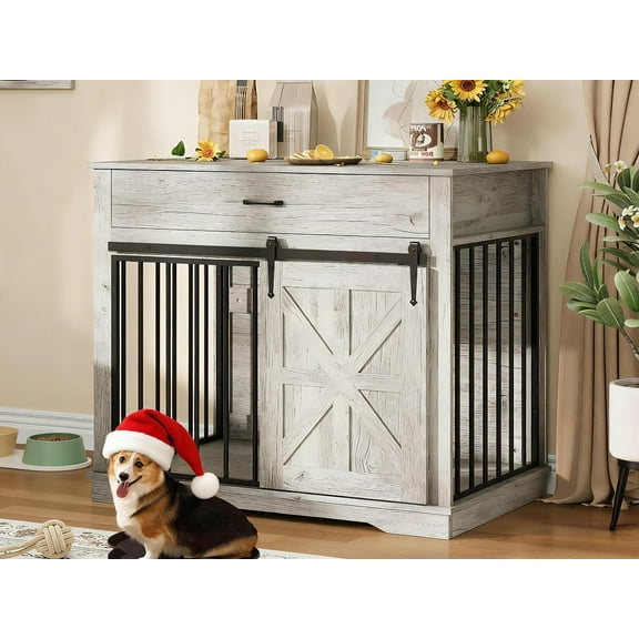 Senfot 37.8" Heavy Duty Dog Crate Furniture with Tabletop, Medium Dog Kennel Indoor, Chew-Proof Metal, Farmhouse Decorative Cage, Light Gray Finish