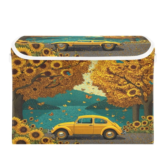 Large Collapsible Storage Box Flip Lid Fabric Decorative Organizer Container Basket with Handles 16.5×12.6×11.8in Yellow Vintage Sedan