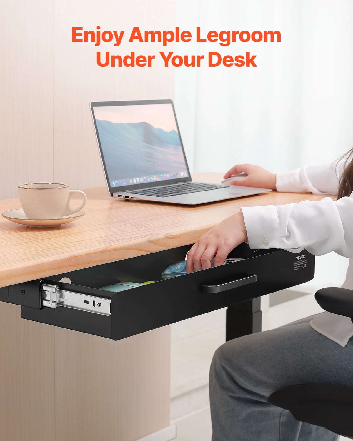 VEVOR 22 Inch Wide Under Desk Drawer Slide Out,Under Desk Mount Pull Out Drawer Attachment, Hidden Desk top Storage Organizer,Under Table Pencil Drawer for Office Home Sit Stand Workstation,25x9x3In
