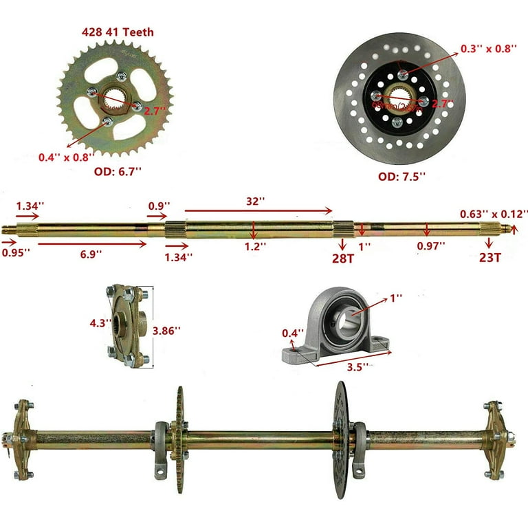 Rear Axle Assembly Go Kart Rear Wheel Axle Shaft Assembly Complete Wheel Hub Kit for DIY Go Kart ATV Quad Buggy Mini Bike 32 Axle Overall Length